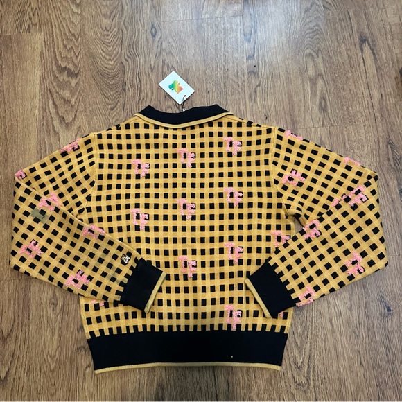 Teddy Fresh yellow Black Checkered knit Sweater size large FLAWS unique collared - Picture 8 of 11